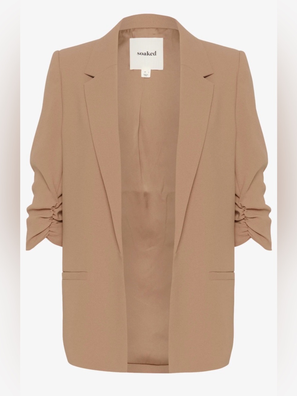 Soaked In Luxury Women's Tan Ruched-Sleeve Open Blazer